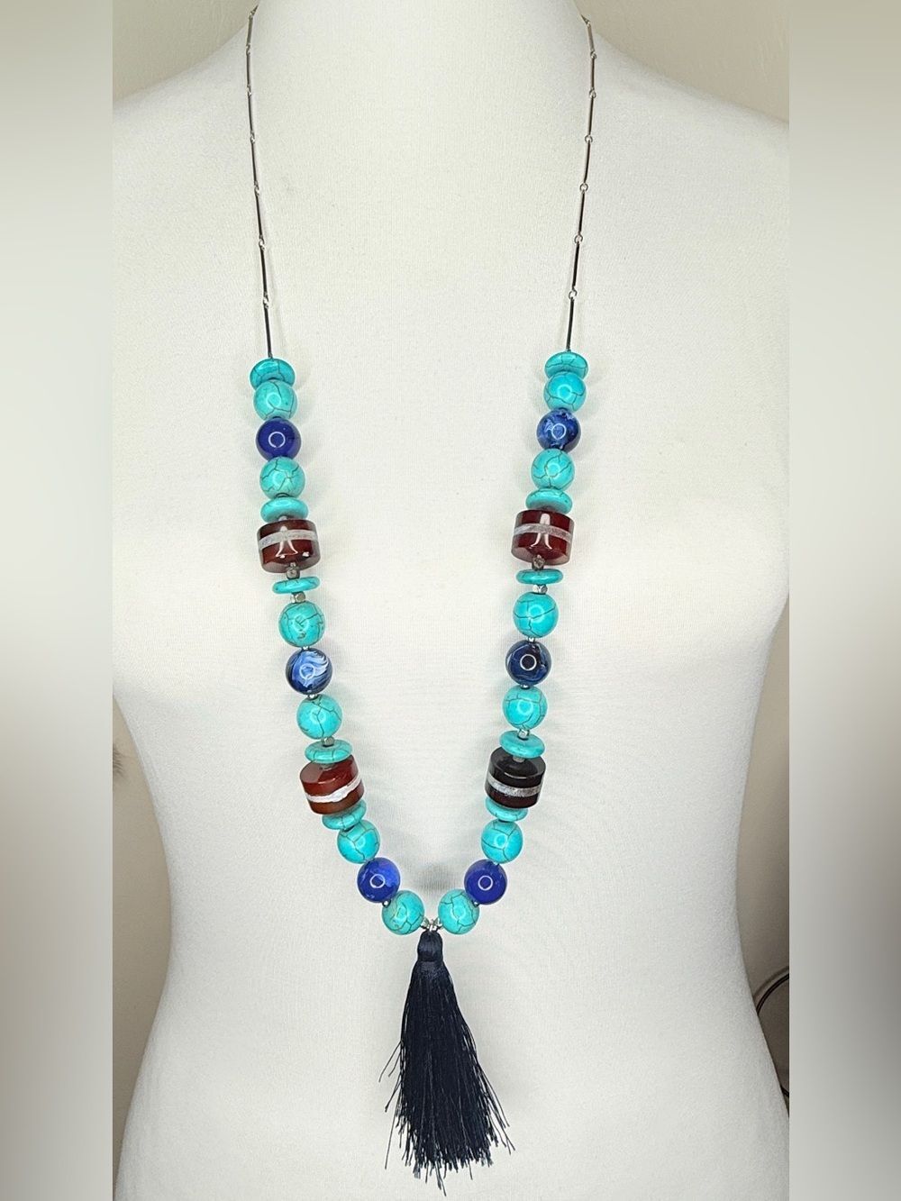 Boho Beaded Turquoise Statement Tassel Necklace